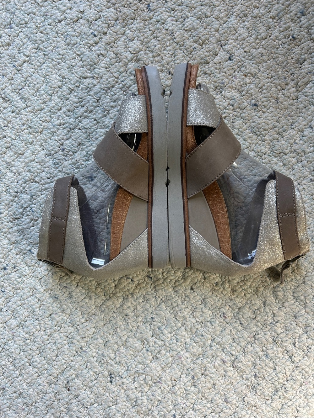 OTBT Taupe and Silver Wedge Sandals with Clear Panel